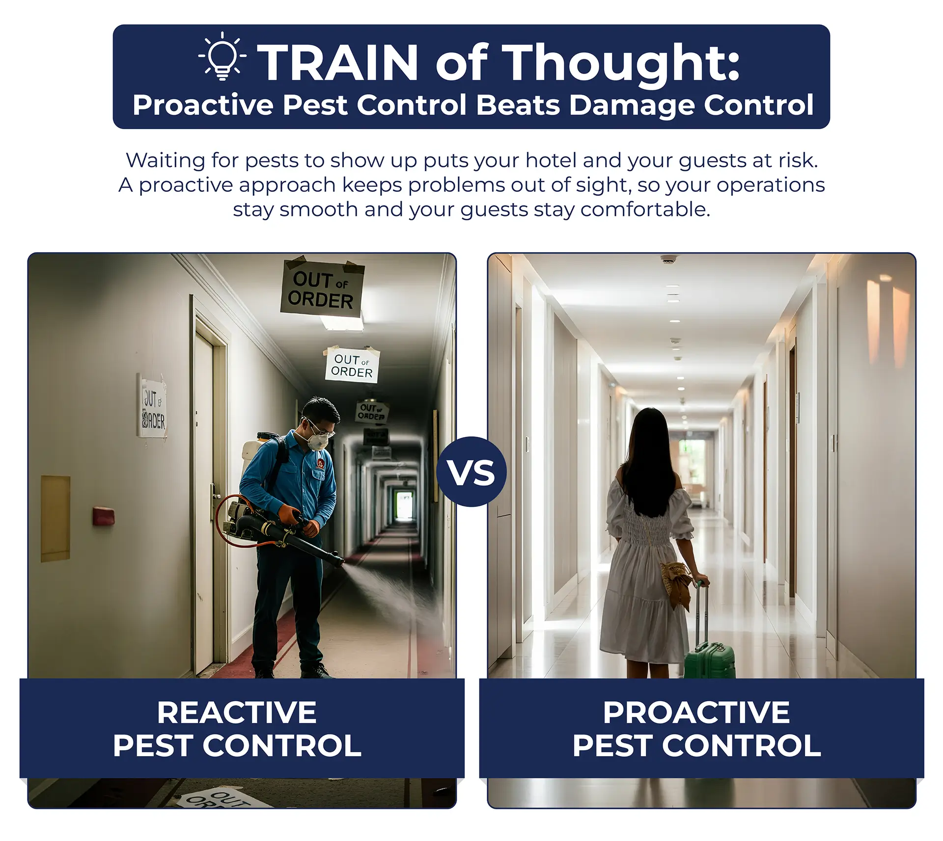 A graphic showing reactive pest control versus preventive pest control, showing the benefits of preventive measures.