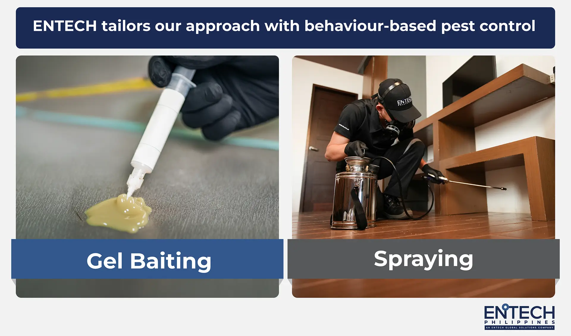A graphic depicting a pest control technician applying gel baiting or spraying treatments based on the pest or your business
