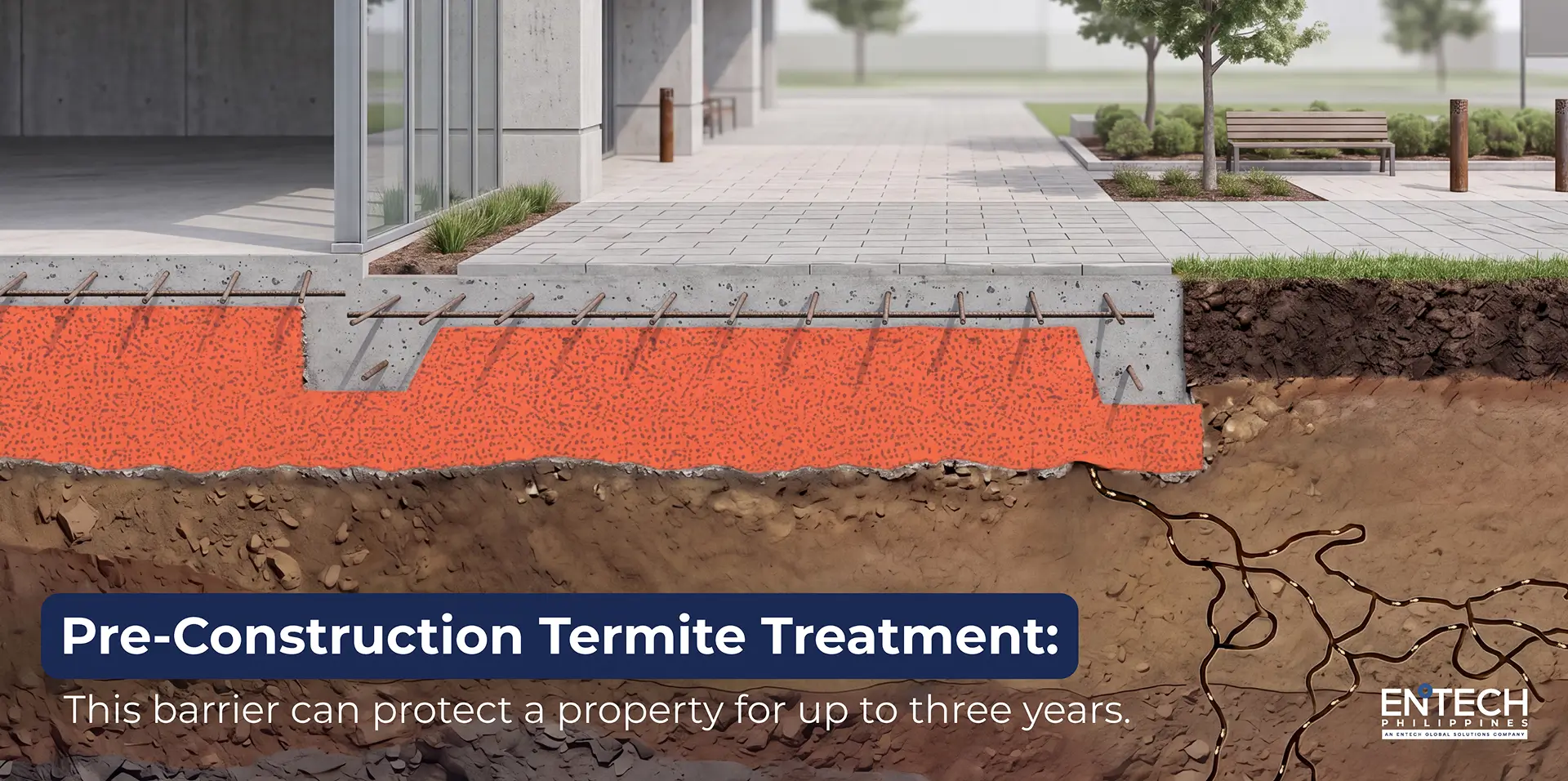  Illustration of a concrete slab over treated soil showing how pre-construction treatment proactively prevents termite damage