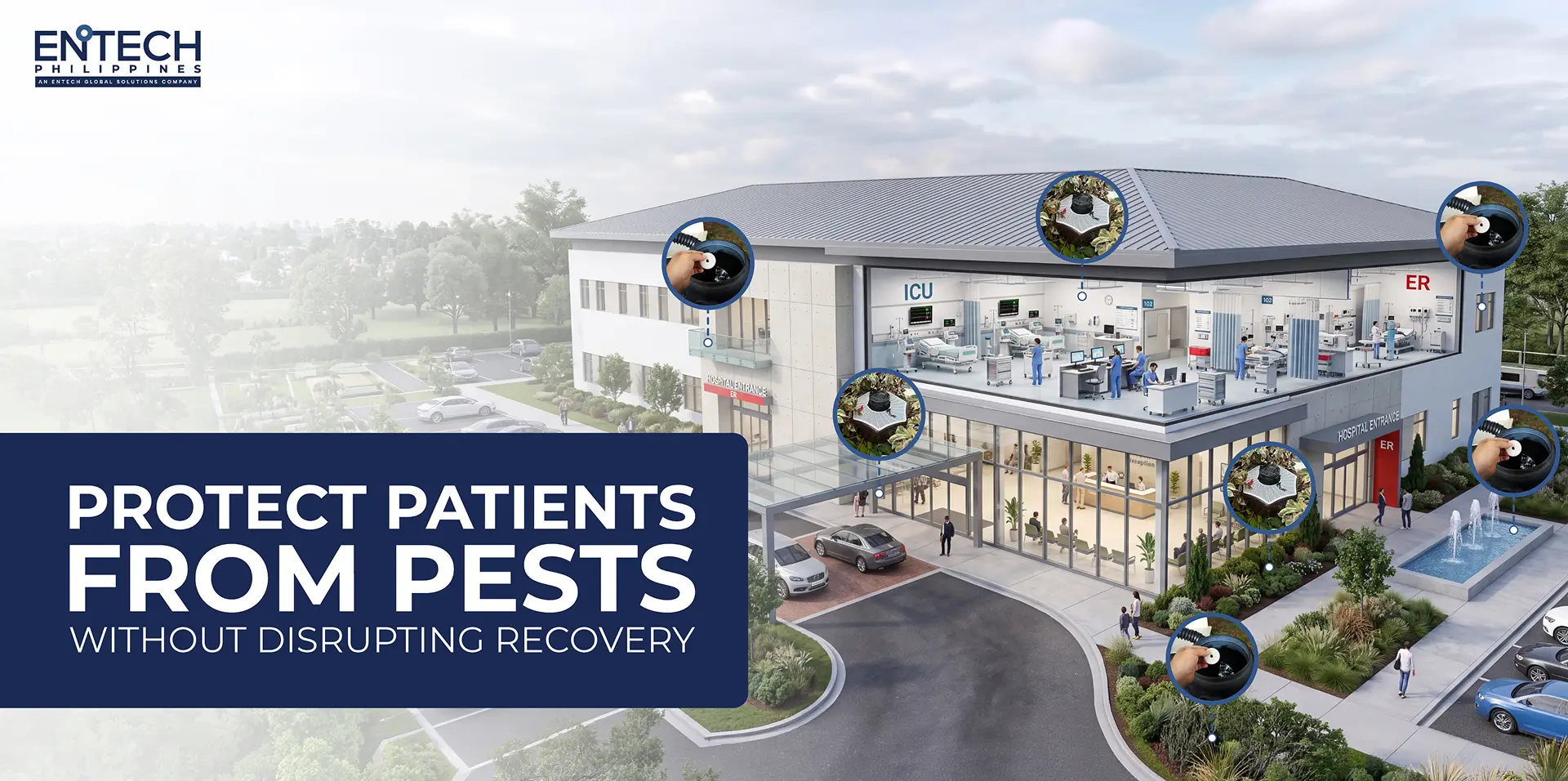 Illustration showing targeted mosquito management planned around patients, medical equipment and clinical operations.